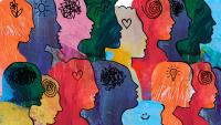 Large Group of diverse people profile view hand drawn, with different emotional / mental states and thoughts.